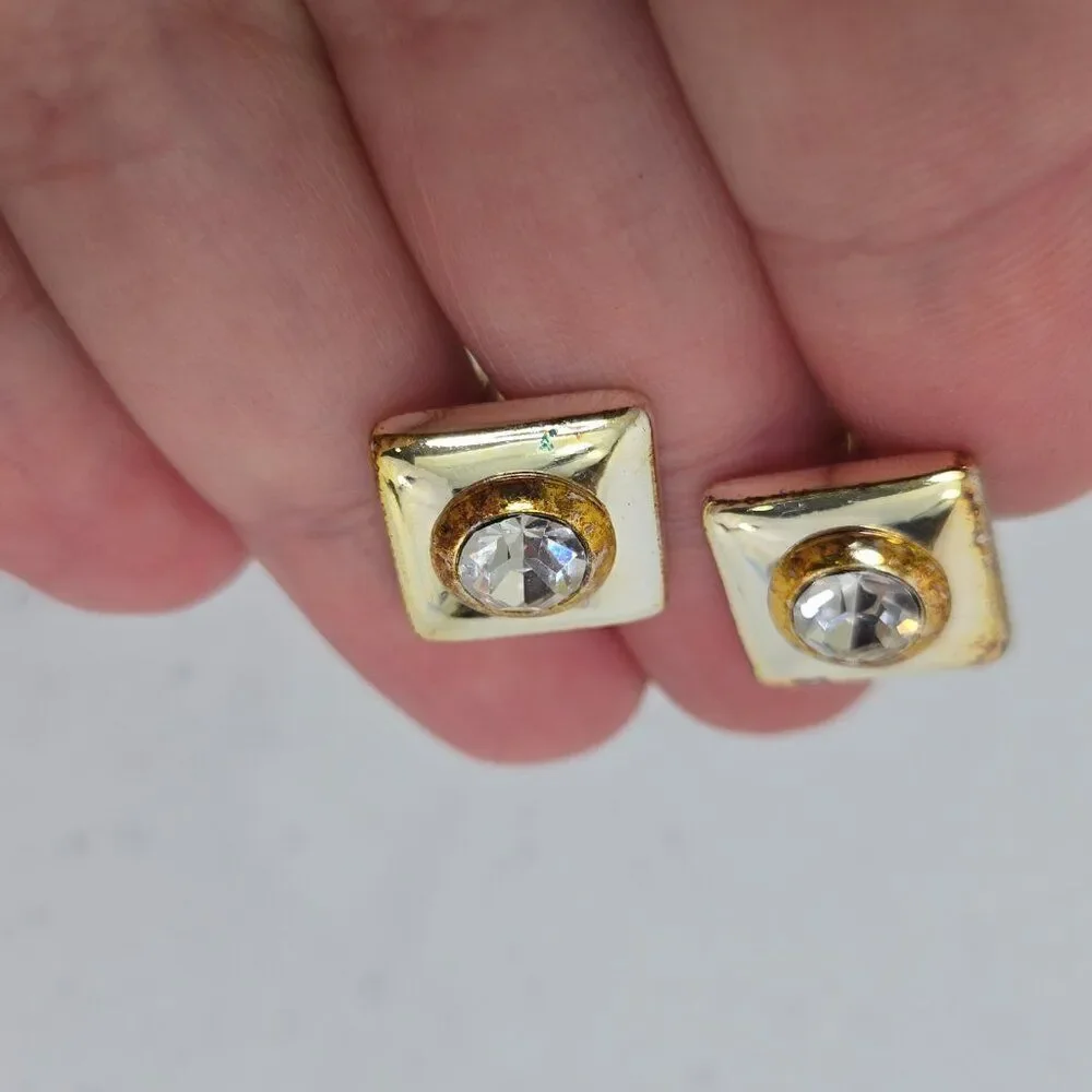 Cufflinks Gold Tone Vintage MCM Clear Rhinestone Basic Square Silver Tone